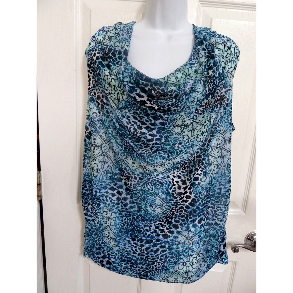 Dana Buchman XL 16/18 Career Blouse Blue Green Waterfall Neck Cinched Side Lined